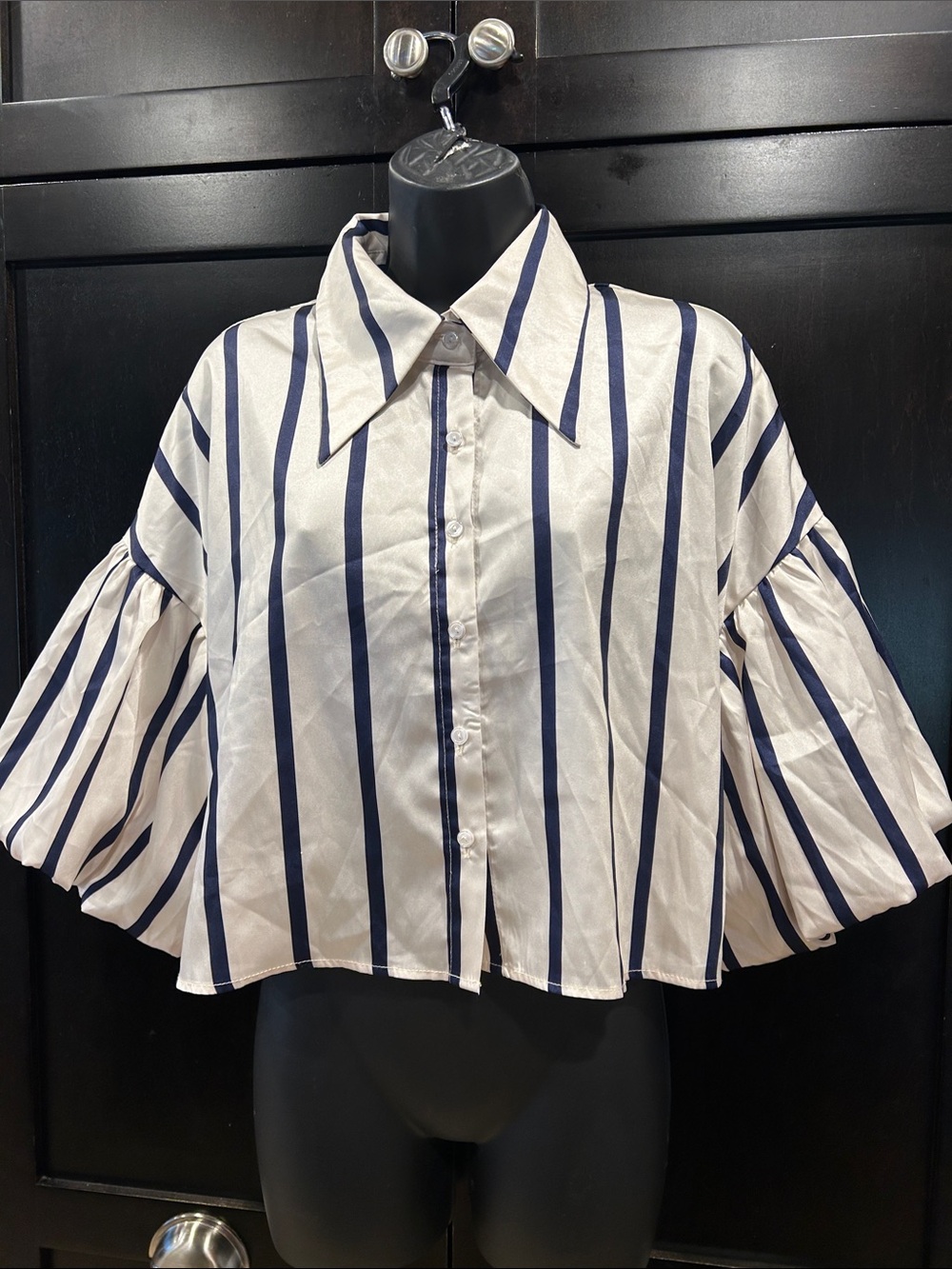 SHEIN White and Navy Vertical-Stripe Cropped Button-Down with Puff Sleeves